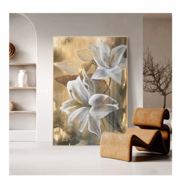 a large vertical floral painting of two open white lilies with pale green throats and a closed bud behind them, arranged on the lower half over a mottled gold and brown ground in thick oil