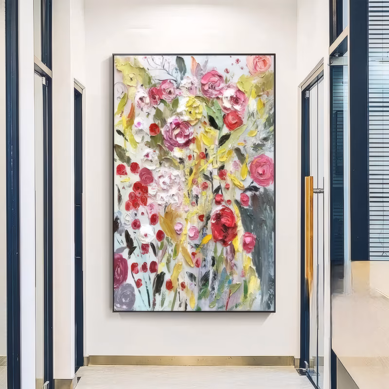 a large vertical palette-knife painting of pink and crimson roses, red buds and yellow blooms clustered up the center of the frame over gray-green leaves and a chalky white ground, in thick impasto