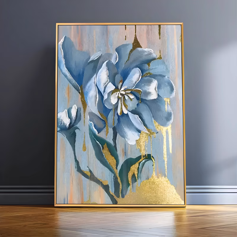 a large vertical hand-painted canvas of one open pale blue peony with white-edged petals set high, teal green leaves below, and metallic gold leaf running down a striped pink and blue ground