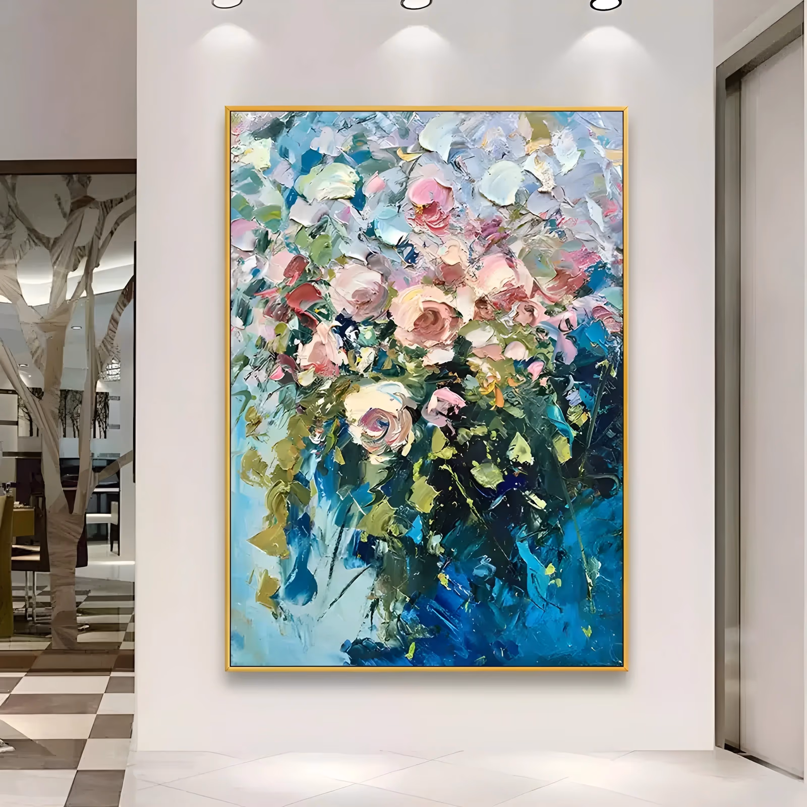 a large vertical palette-knife painting of pink and cream roses banked through the upper frame above dark green foliage and a pale vase, set on a turquoise and cobalt ground, in heavy sculpted impasto