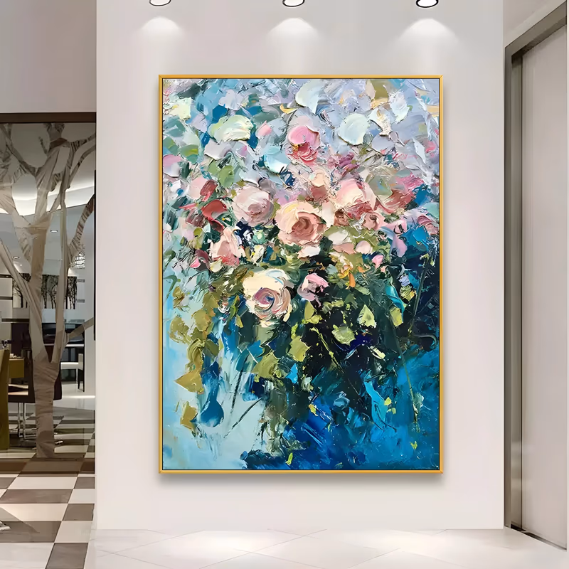 a large vertical palette-knife painting of pink and cream roses banked through the upper frame above dark green foliage and a pale vase, set on a turquoise and cobalt ground, in heavy sculpted impasto