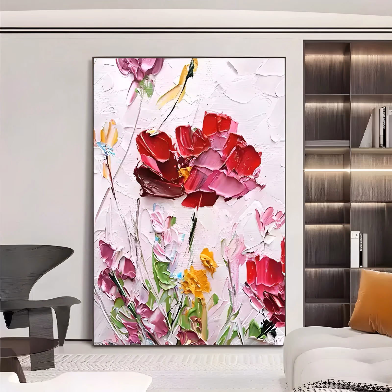 a tall vertical impasto painting of a big scarlet and pink poppy at upper center with smaller magenta and pink blooms, yellow buds and green stems below, all knife-cut in thick paint on a white textured ground