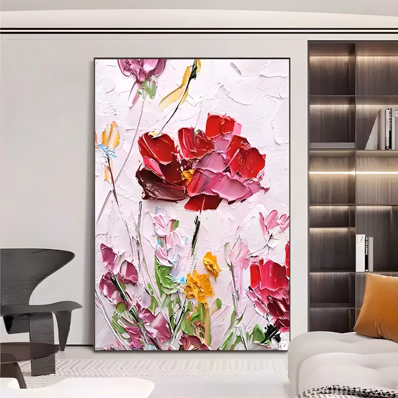 a tall vertical impasto painting of a big scarlet and pink poppy at upper center with smaller magenta and pink blooms, yellow buds and green stems below, all knife-cut in thick paint on a white textured ground
