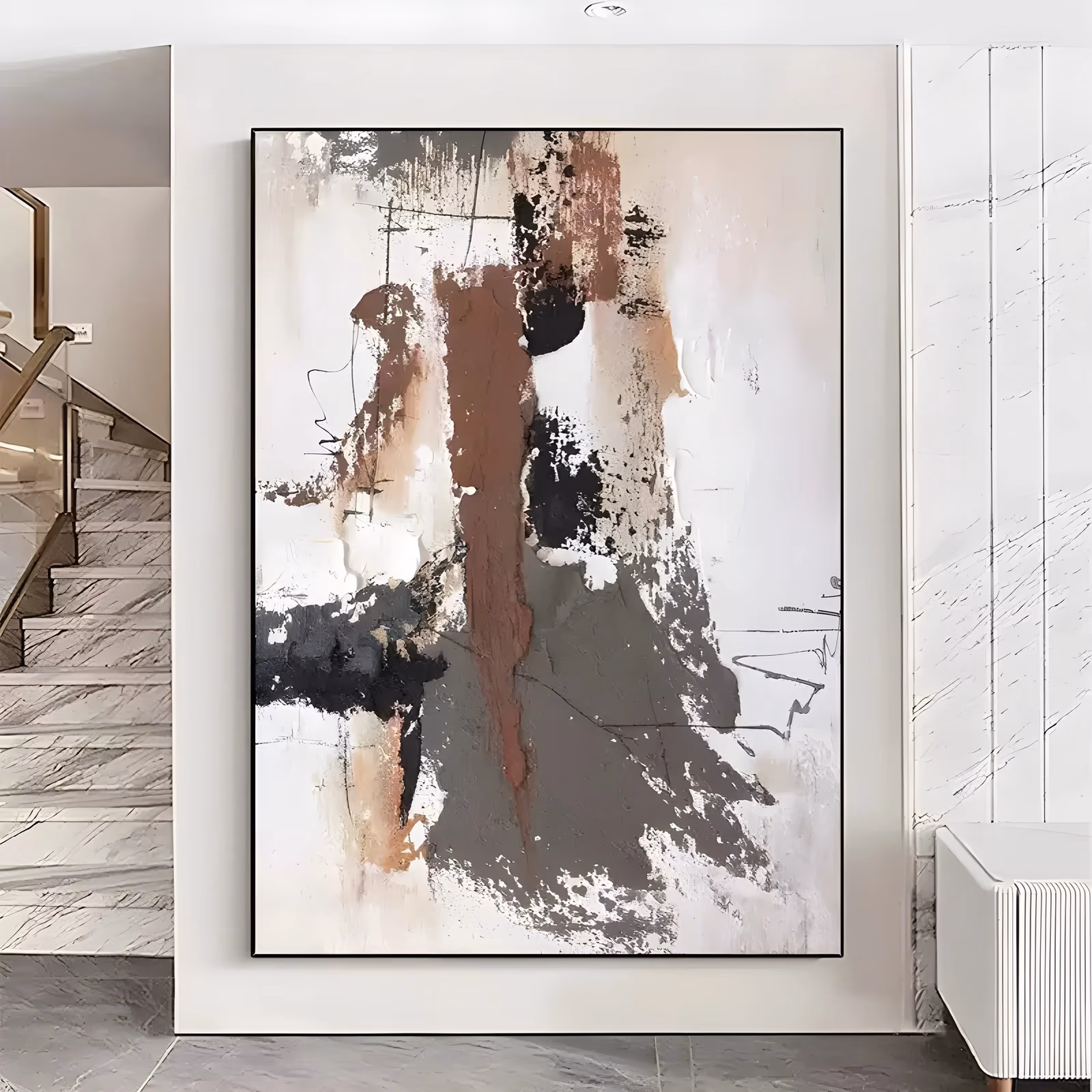 a large vertical abstract painting of rust brown, charcoal and warm gray patches struck over a thick white plaster ground, with fine black scribbled lines at the right, in heavy plaster impasto