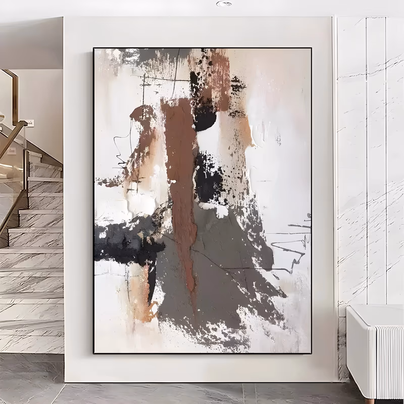 a large vertical abstract painting of rust brown, charcoal and warm gray patches struck over a thick white plaster ground, with fine black scribbled lines at the right, in heavy plaster impasto