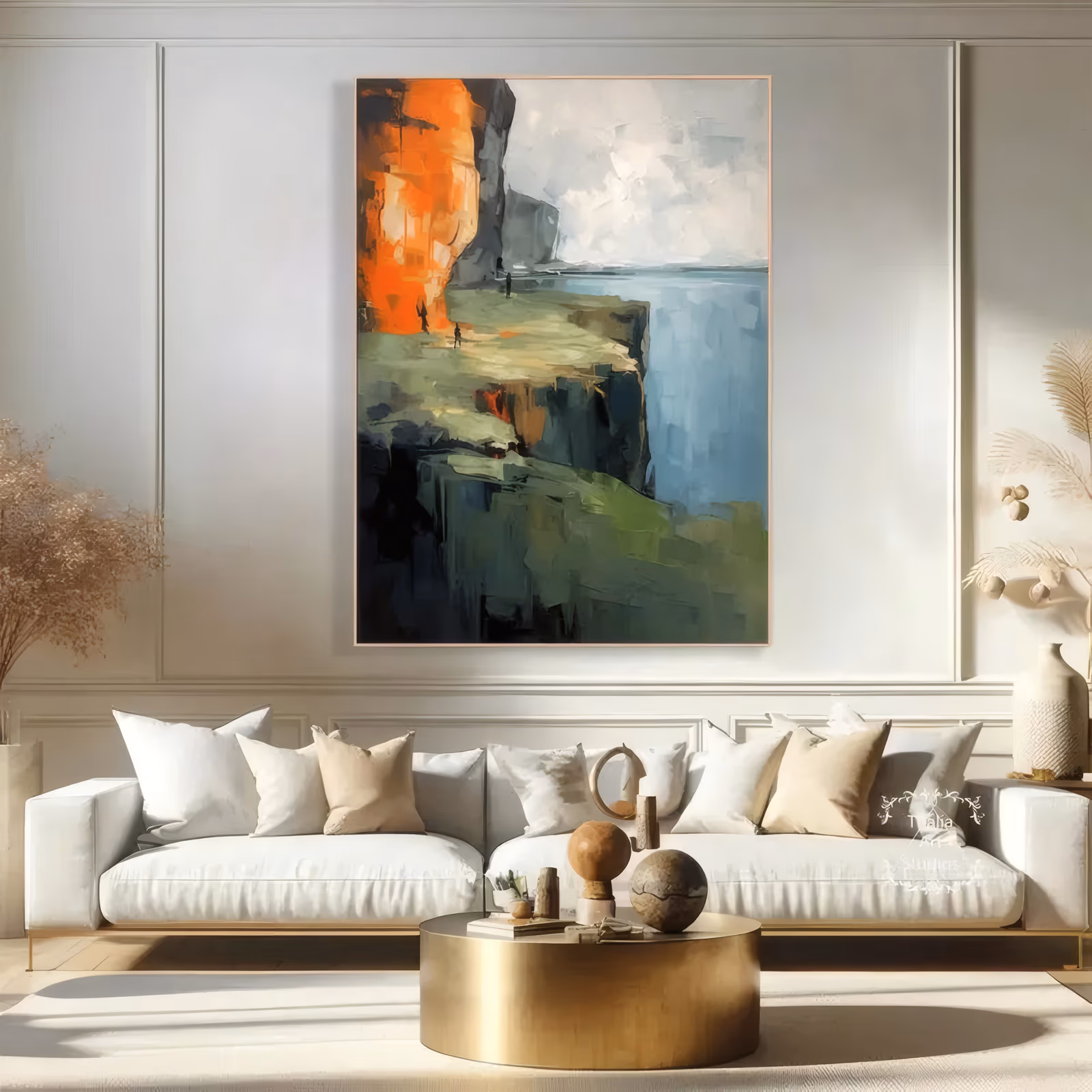 a large vertical impressionist painting of a burnt orange cliff face on the left dropping to a flat blue sea, with a mossy green headland, tiny walking figures and a white cloud bank, in blocky palette-knife oil