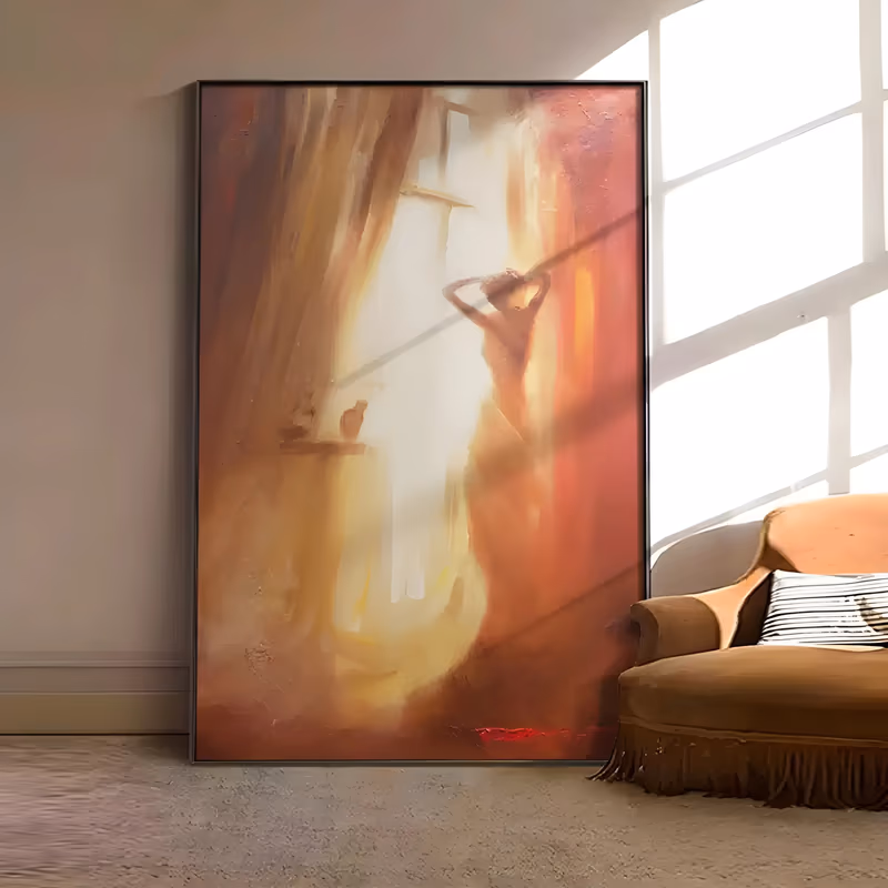 a large vertical figurative painting of a woman in silhouette, arms raised above her head, standing before a bright window in a room washed in terracotta orange, gold and cream, in soft blended paint