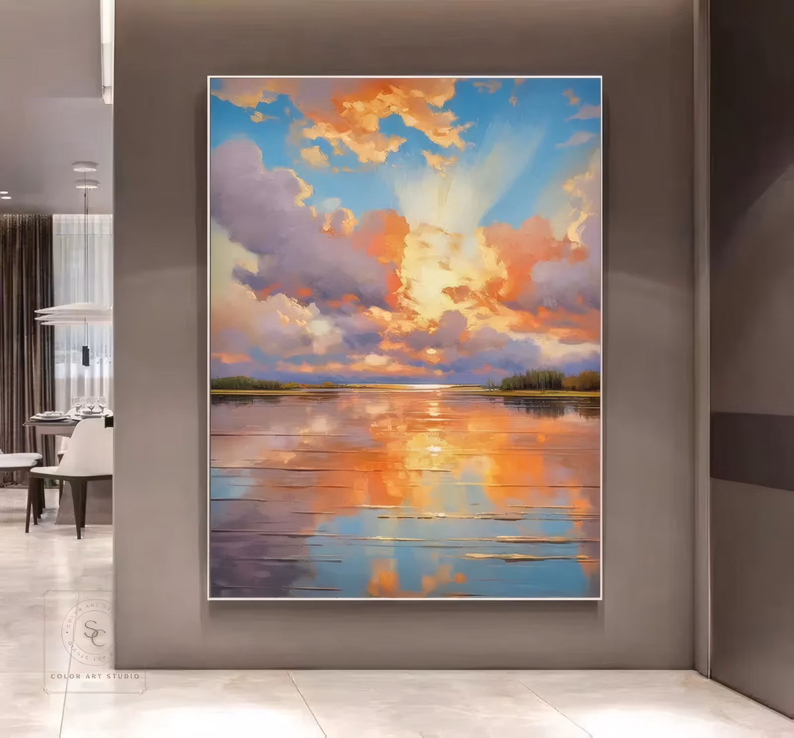 a large vertical impressionist painting of coral and lilac sunset clouds banked above a low treeline, with the whole sky mirrored in the still lake below, in smooth oil with soft blended edges