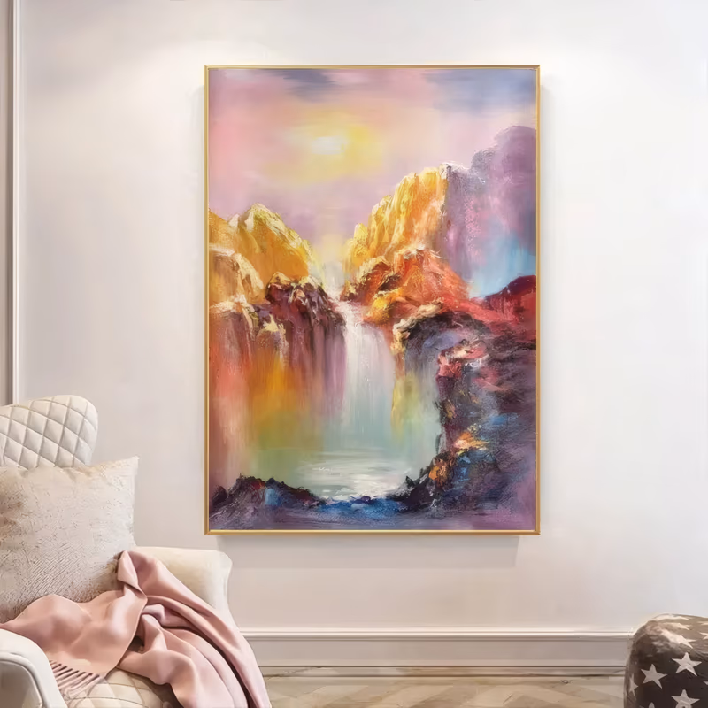 a large vertical impressionist landscape painting of a waterfall falling between golden ochre rock peaks into a pale teal pool, under a pink, lilac and yellow sunset sky with a low sun, in thick oil