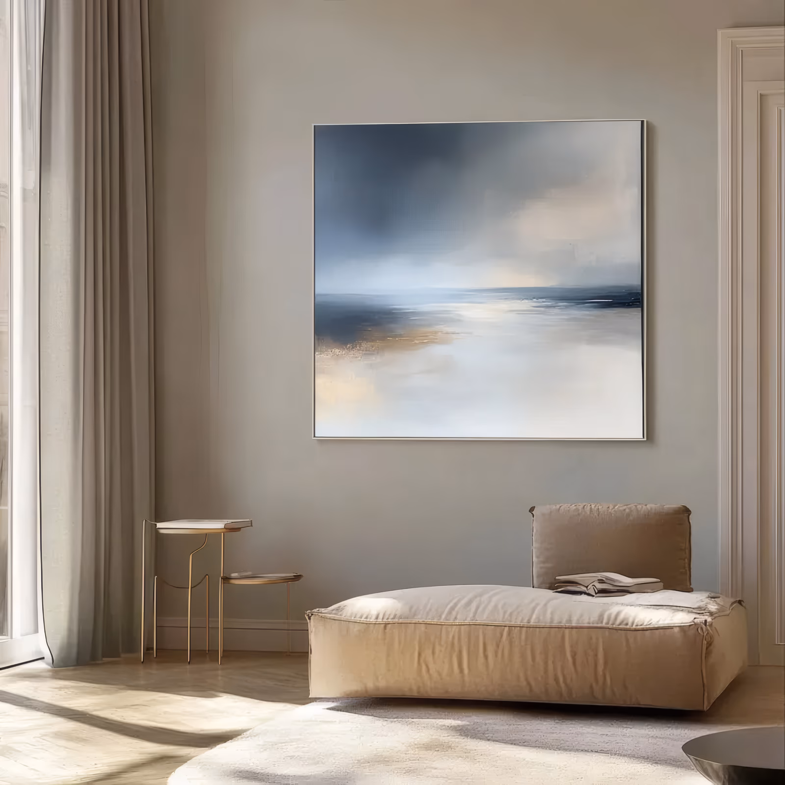a large square impressionist painting of a moody gray-blue sky meeting a calm pale sea, a low horizon line and a warm gold sandbar catching light in the left foreground, in soft blended acrylic