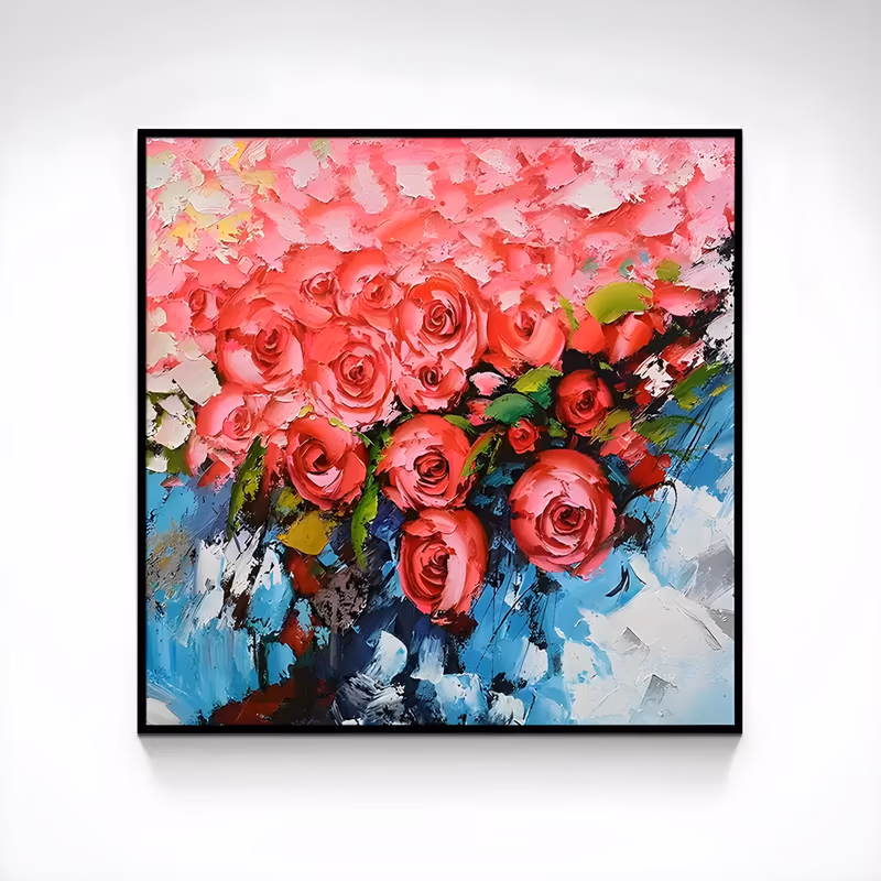 a square palette-knife painting of a dense mass of pink and red roses in the upper half, their green leaves dropping into a blue, white and black knife-worked ground below, in heavy impasto acrylic