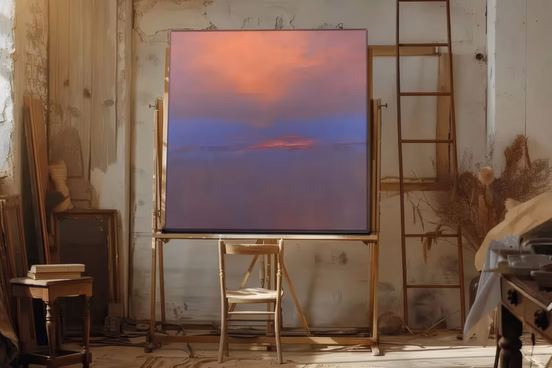 a large square atmospheric painting of a coral pink cloud spread along the top third of the panel above a deep blue-violet field and a faint dark horizon line, in smooth thinly blended oil with no visible texture