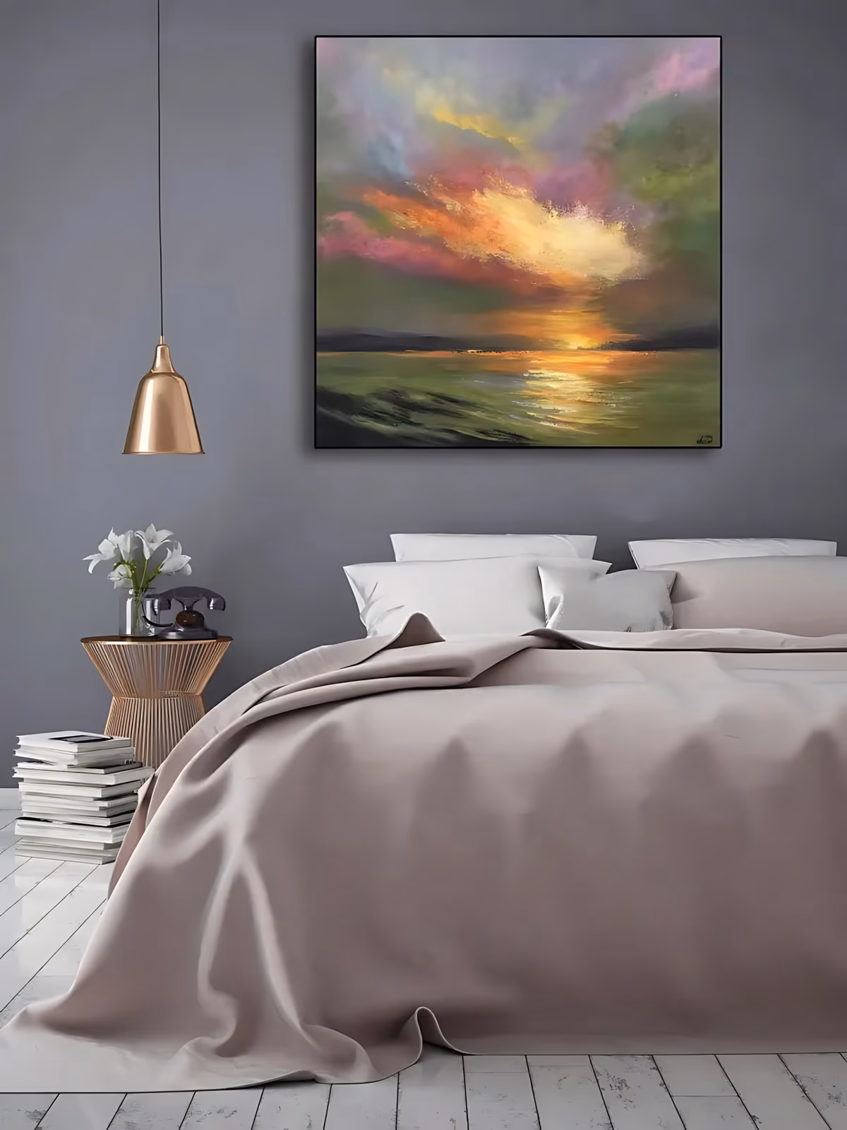 a large square impressionist painting of a sunset over the ocean, with pink, coral and gold clouds parting above a low horizon and a gold sun trail running down the green water, in soft blended oil