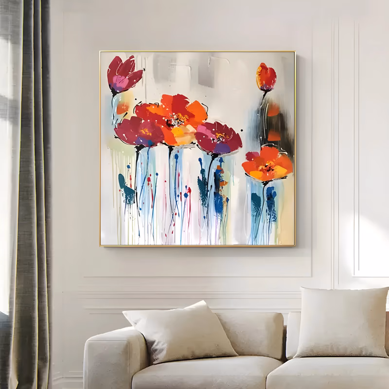 a large square floral painting of six red magenta and orange poppies on thin dark stems standing high on a white ground, with teal and blue splatter and paint drips running beneath them, in loose wet acrylic