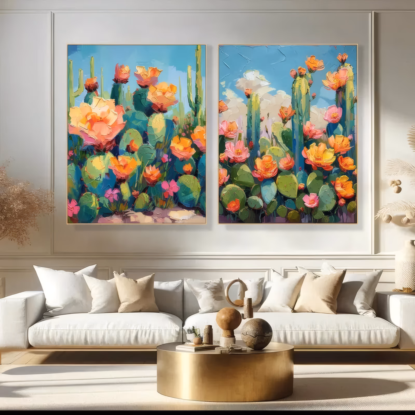 a set of two large vertical impressionist paintings of prickly pear cacti bearing coral, orange and pink blooms, tall saguaros and white clouds rising against a bright blue sky, in thick palette-knife acrylic