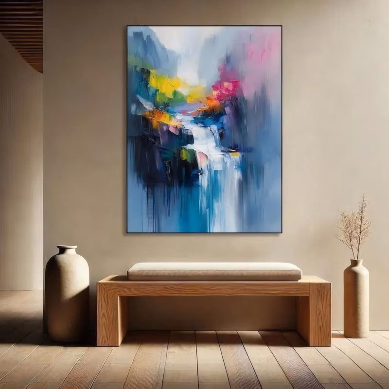 a large vertical abstract painting of a white waterfall dropping through a dark blue gorge, with magenta, yellow and orange knife strokes along the top ridge and blue drips running to the lower edge, in heavy impasto