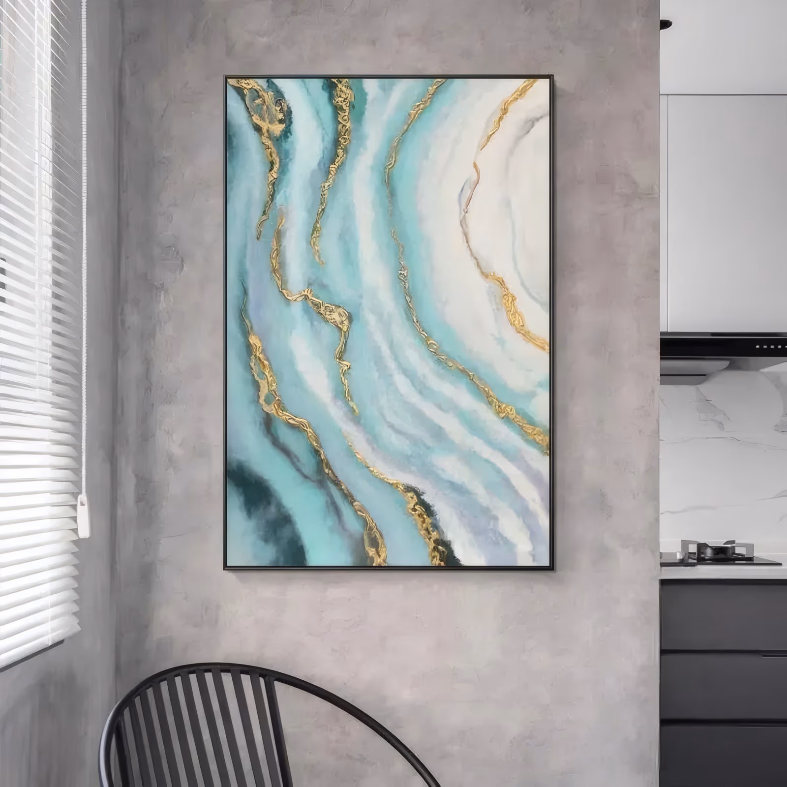 a large vertical abstract painting of layered agate bands in mint, turquoise and white curving down the canvas, threaded with raised metallic gold veins, hand-painted in smooth acrylic