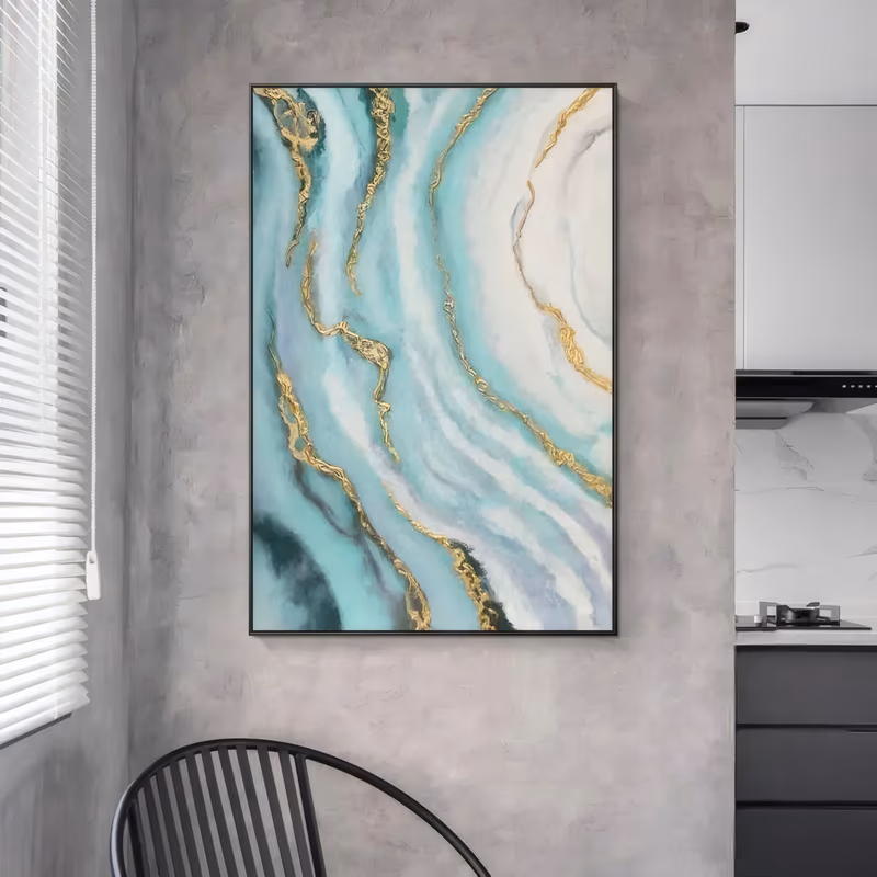 a large vertical abstract painting of layered agate bands in mint, turquoise and white curving down the canvas, threaded with raised metallic gold veins, hand-painted in smooth acrylic