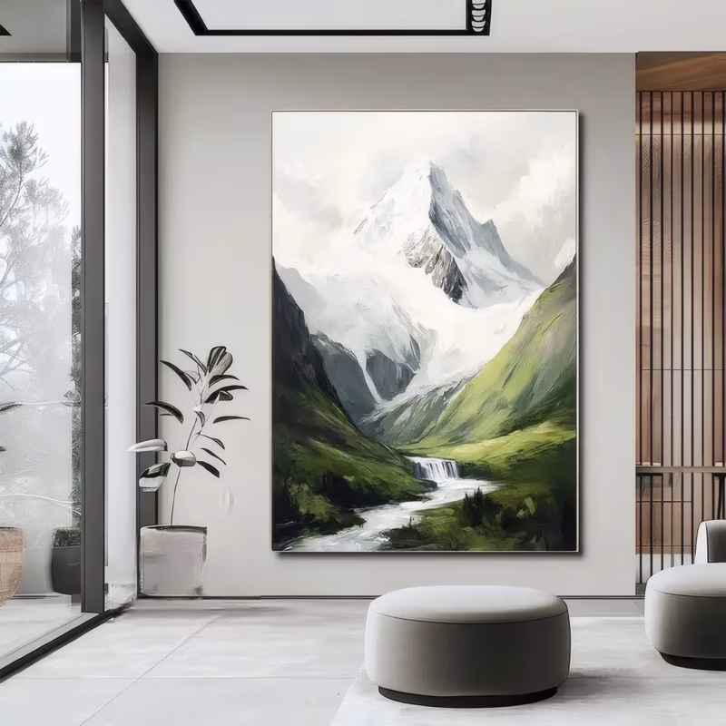 a large vertical impressionist mountain painting of a white snow-capped peak in cloud at the top, deep green valley walls on both sides and a river with a small waterfall below, in smooth brushed acrylic