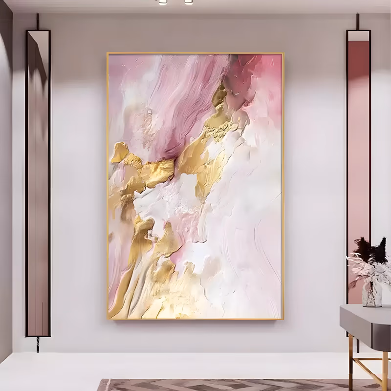 a large vertical abstract painting of pink and white marbled paint sweeping down the canvas with wide gold ribbons cutting through the center, built in thick palette-knife oil