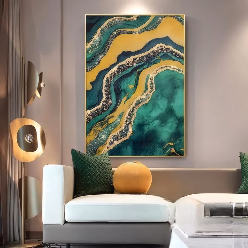a large vertical abstract painting of an emerald green geode with gold and glitter bands curving down the left side into deep teal, marbled and veined, in fluid acrylic with gold leaf