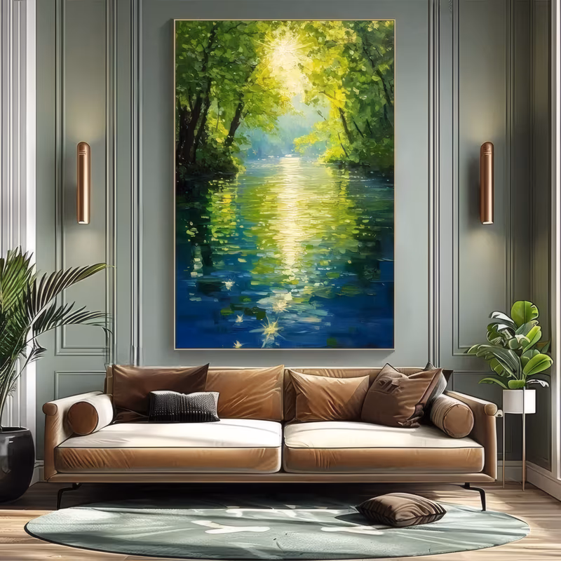 a large vertical impressionist painting of sunlight burning through a canopy of green trees and reflecting in long yellow streaks on a deep blue river below, in ridged palette-knife oil