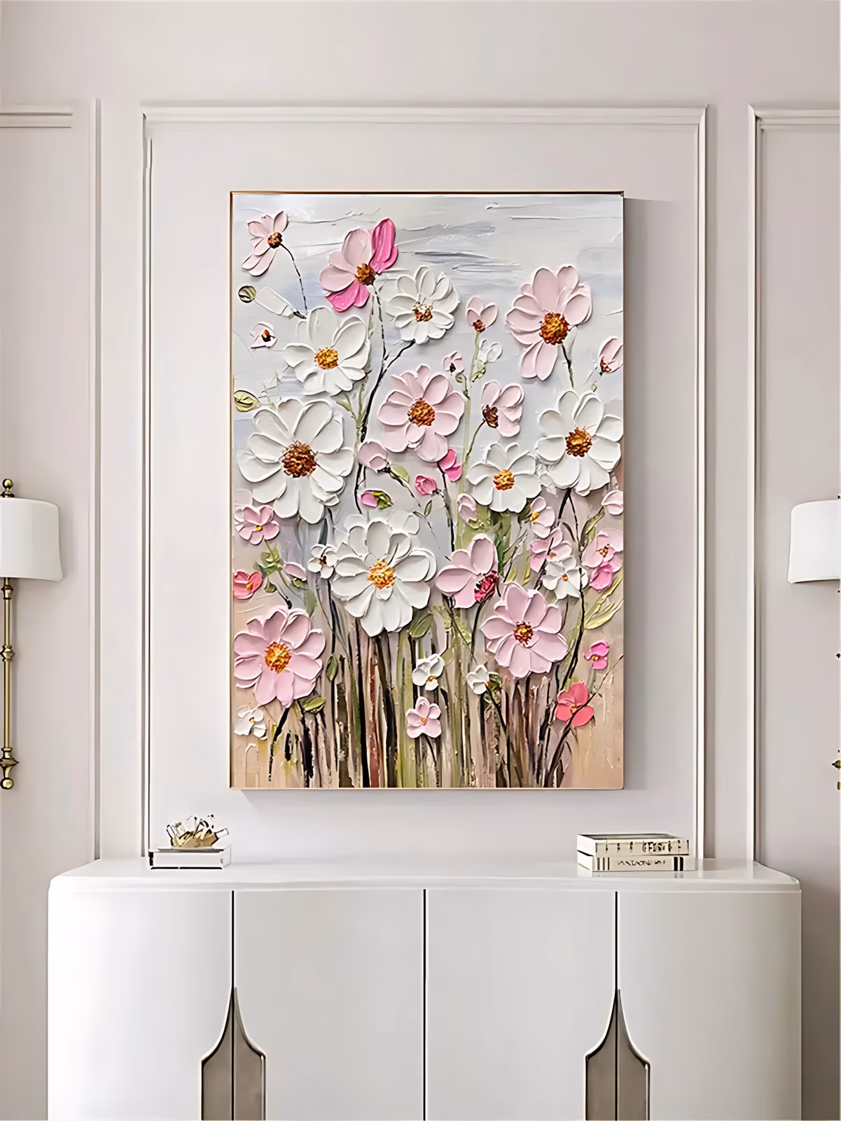 a large vertical relief painting of white and pale pink cosmos flowers with orange centers standing on thin dark stems, in front of a pale blue and beige ground, the petals built up in thick plaster