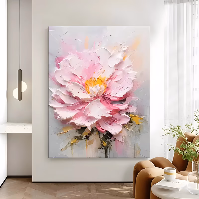 a large vertical floral painting of a single wide pink peony with a yellow-orange center opening at the middle of a pale gray ground, its petals swept in broad strokes of thick paint