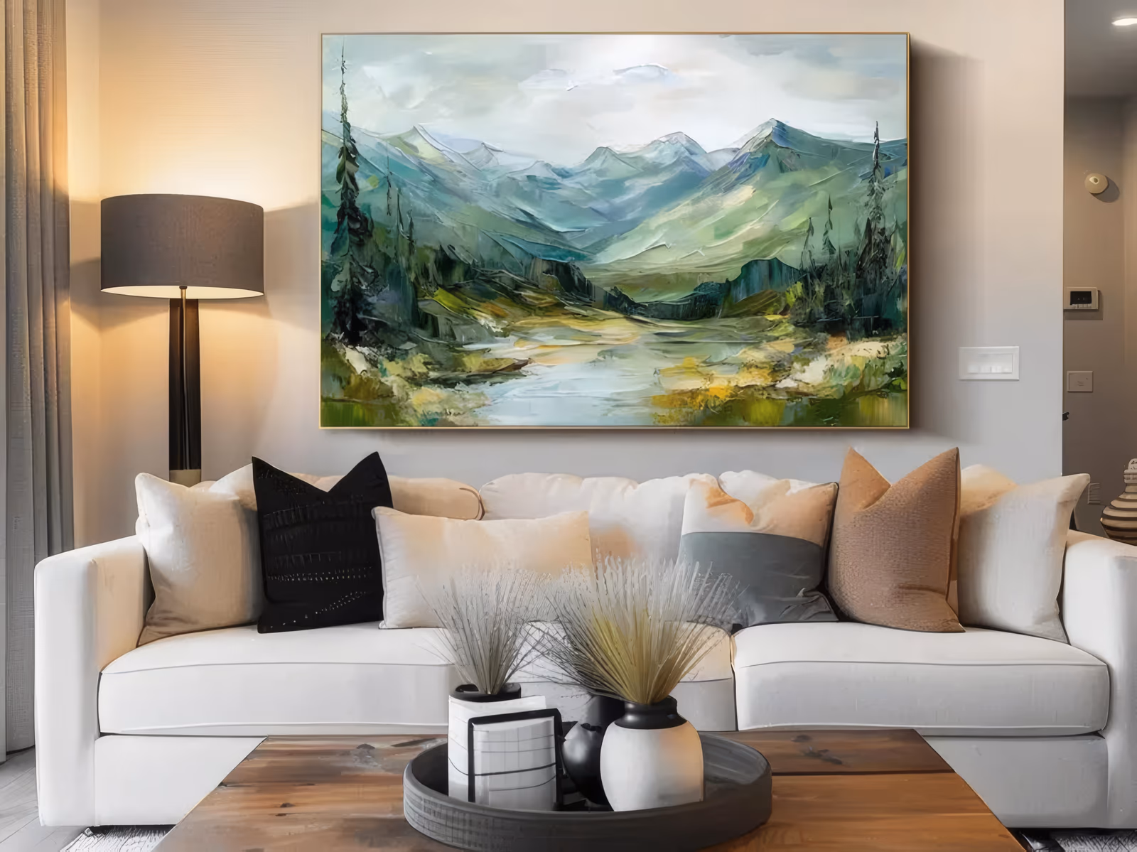 a large horizontal impressionist painting of a green mountain valley with a pale lake at the center, dark pine trees along both edges and misty white peaks behind, in thick palette-knife oil