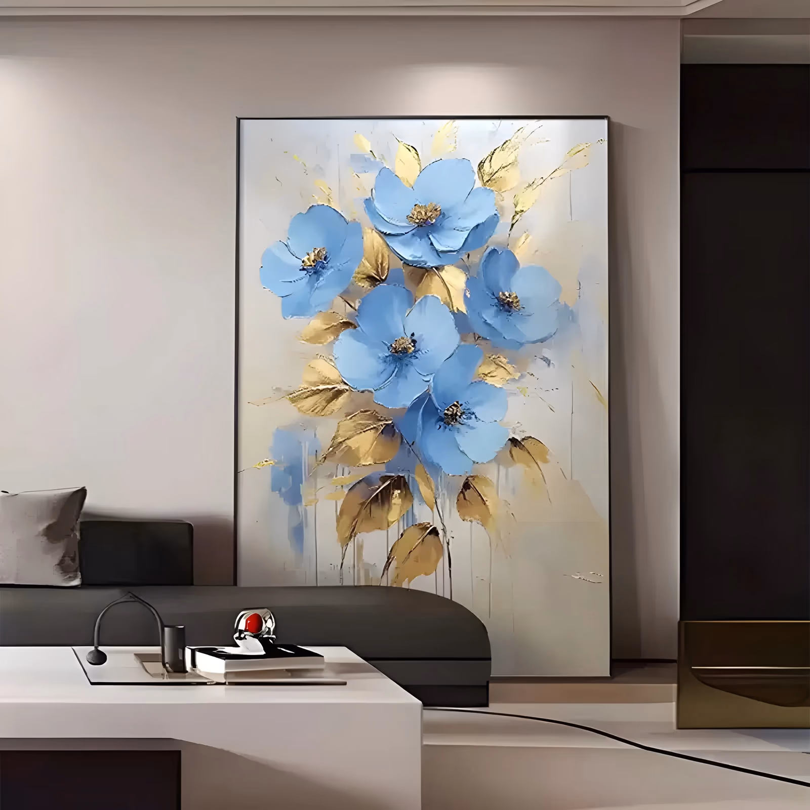 a large vertical floral painting of five open sky-blue blooms with dark gold centers, surrounded by gold-leaf leaves and thin drips, on a cream and white ground, in thick hand-painted texture