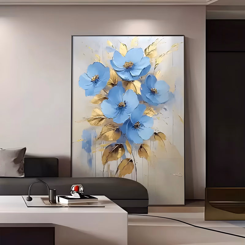 a large vertical floral painting of five open sky-blue blooms with dark gold centers, surrounded by gold-leaf leaves and thin drips, on a cream and white ground, in thick hand-painted texture