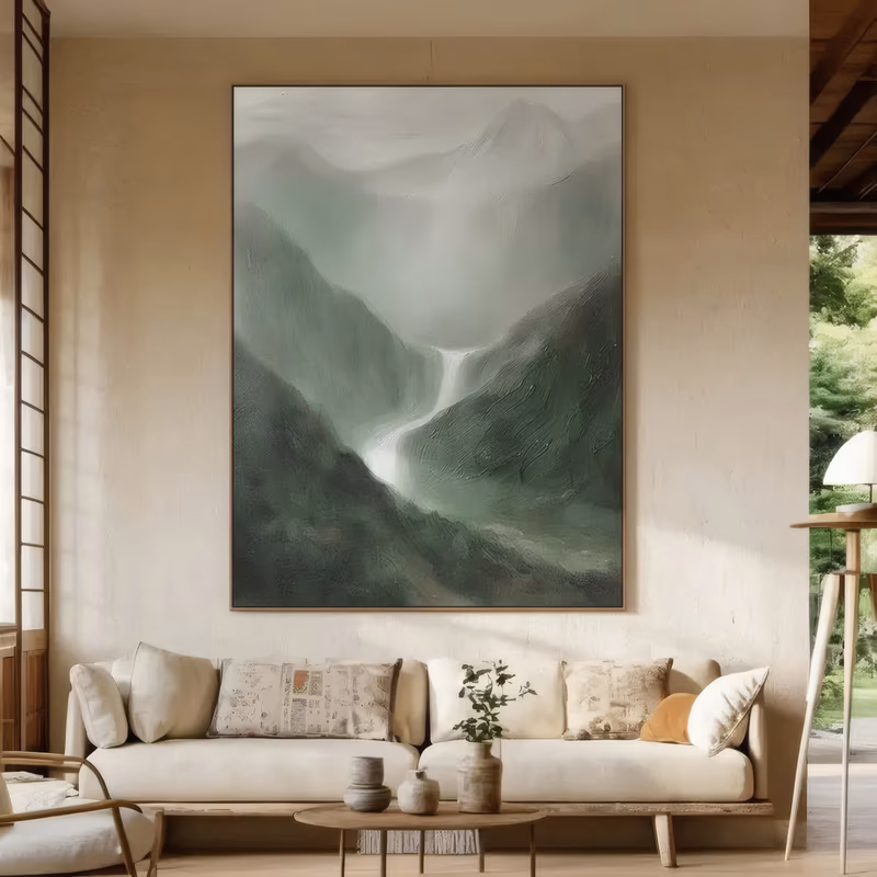 a large vertical impressionist painting of a misty sage green valley, dark forested slopes meeting in the middle where a thin white waterfall drops into shadow below a pale peak, in raised knife-built texture