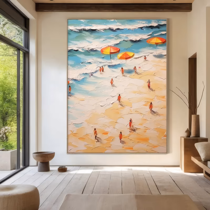 a large vertical impressionist painting seen from above, turquoise and white surf along the top, cream sand below with tiny figures in orange swimsuits and three orange umbrellas, in raised palette-knife relief