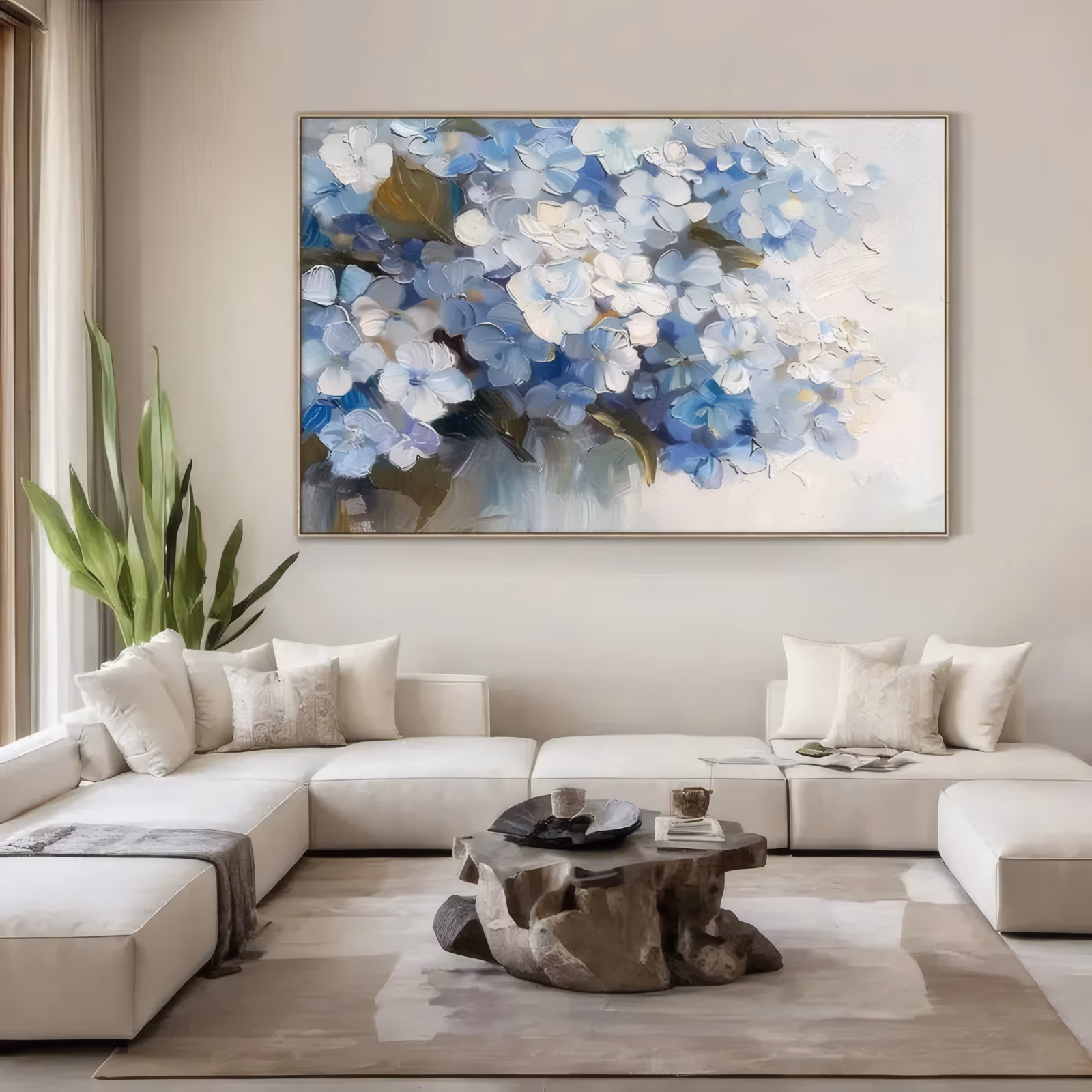 a large horizontal impasto floral painting of a loose cluster of blue and white hydrangea blossoms massed in the upper half, with olive green leaves below, thick knife-laid petals on a soft cream ground