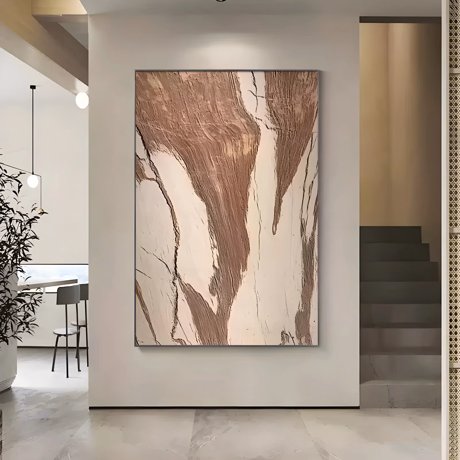 a large vertical textured abstract artwork of broad brown and tan marble-like veins running down a cream plaster ground, with fine dark crack lines and a soft blush tint, in raised sculpted plaster relief