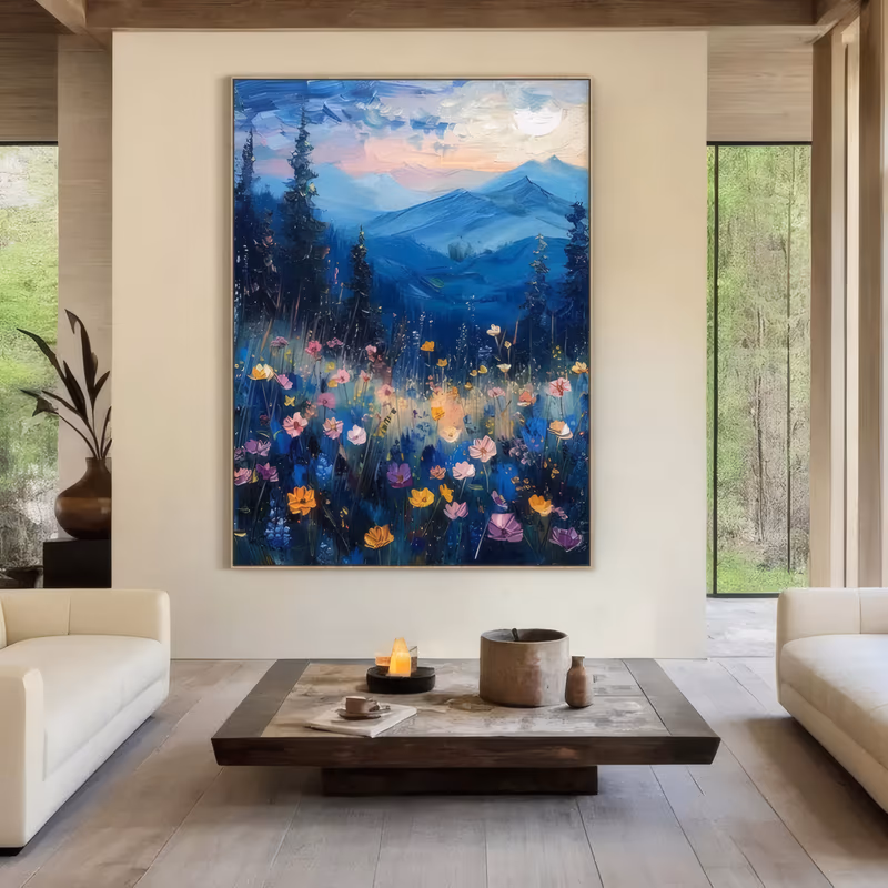 a large vertical impressionist painting of pink, yellow and orange wildflowers massed in the lower half of a dark blue meadow, with pines, blue mountains and a pale moon in a peach sunset sky, in heavy impasto