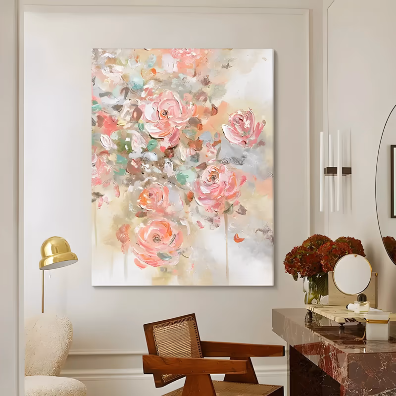 a large vertical impressionist painting of loose pink and coral roses clustered through the upper center of a cream and gray ground, with mint and peach flecks between them, in thick palette-knife impasto