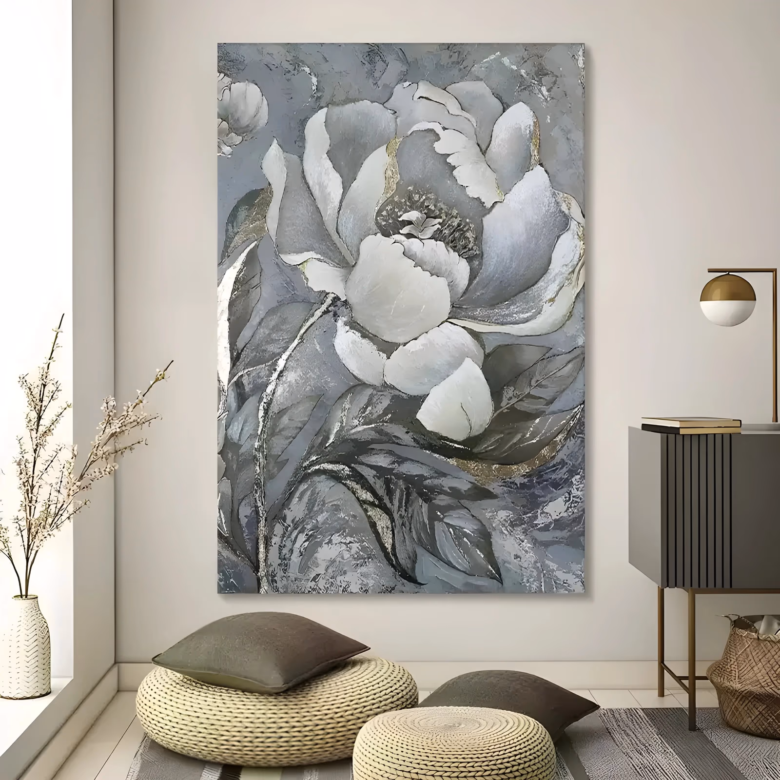 a large vertical floral painting of one open grey-white peony filling most of the frame, its petals edged in gold and its leaves washed with silver leaf, on a mottled grey ground, in heavy impasto