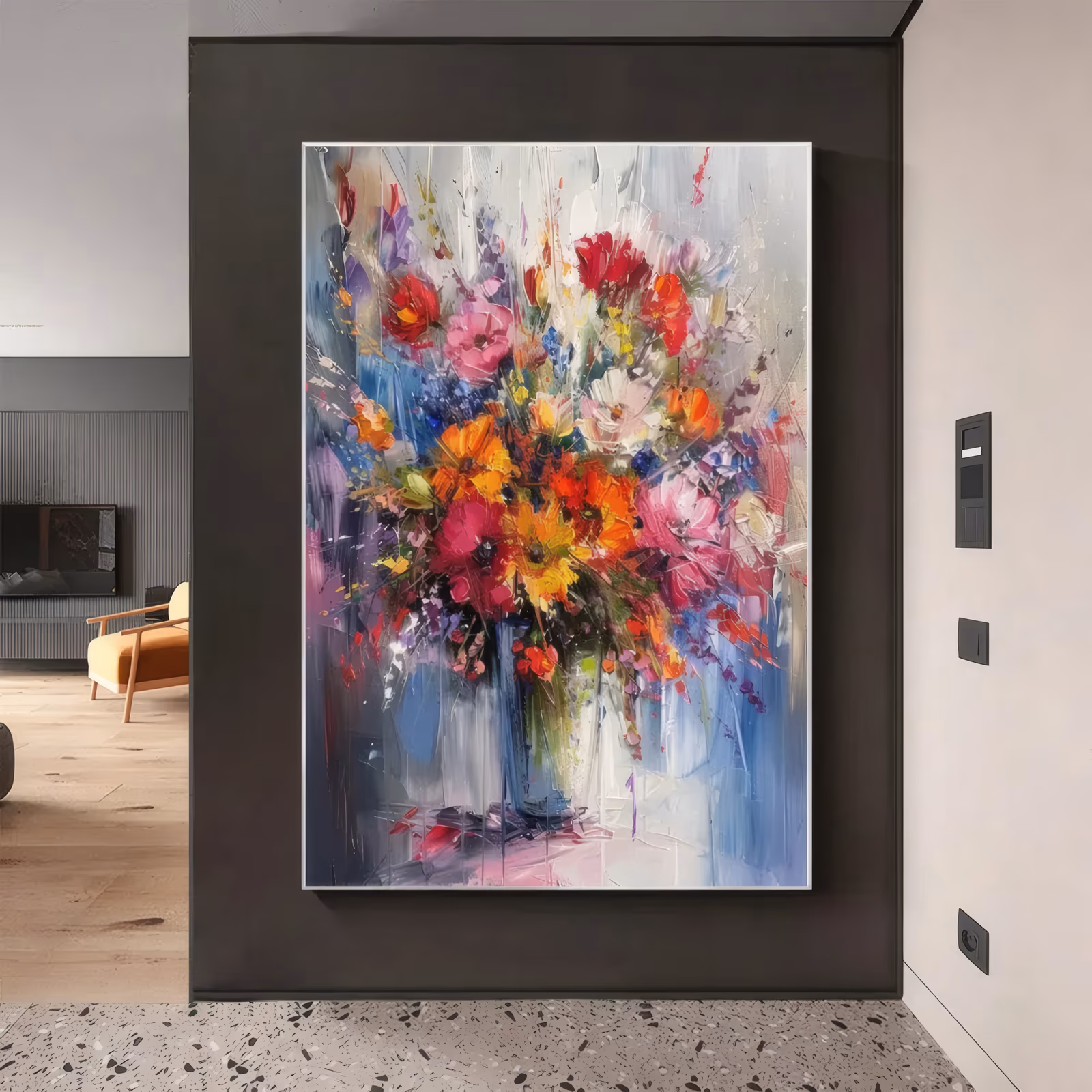 a large vertical impressionist floral painting of a loose bouquet of red, orange, pink and yellow blooms rising from a pale vase on a blue and white ground, in heavy palette-knife impasto