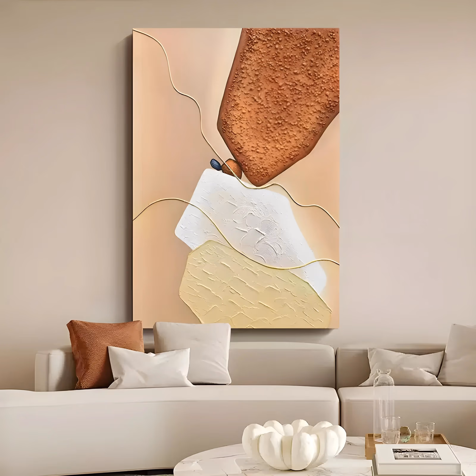 a large vertical minimalist painting of three stacked organic shapes, a pebbled rust brown wedge above a white plaster form and a pale yellow one, with fine gold lines on a peach ground, in raised relief plaster