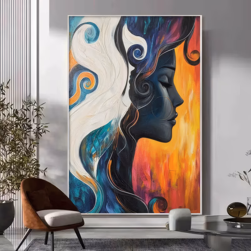 a large vertical figurative painting of a woman's profile in navy and teal, her hair curling into white, turquoise and magenta spirals on the left while a burning orange and gold field fills the right, in thick acrylic