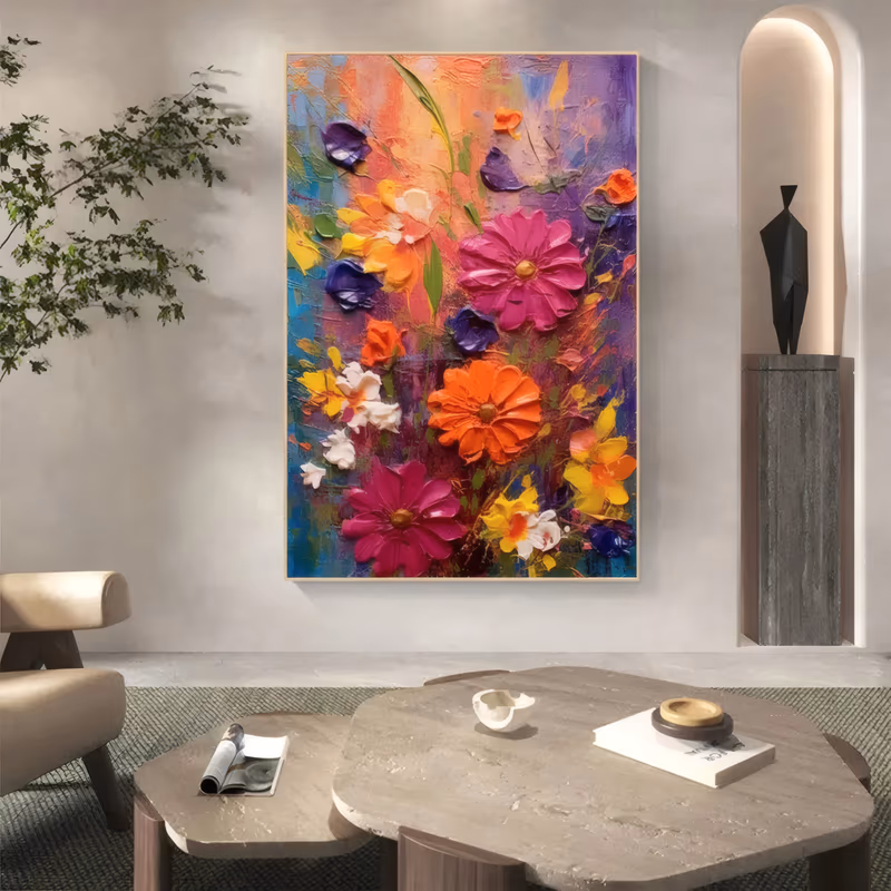 a large vertical floral painting of thickly sculpted flowers, two magenta daisies with gold centers and one big orange gerbera, yellow, white and purple petals around them on a teal and orange ground, in raised relief