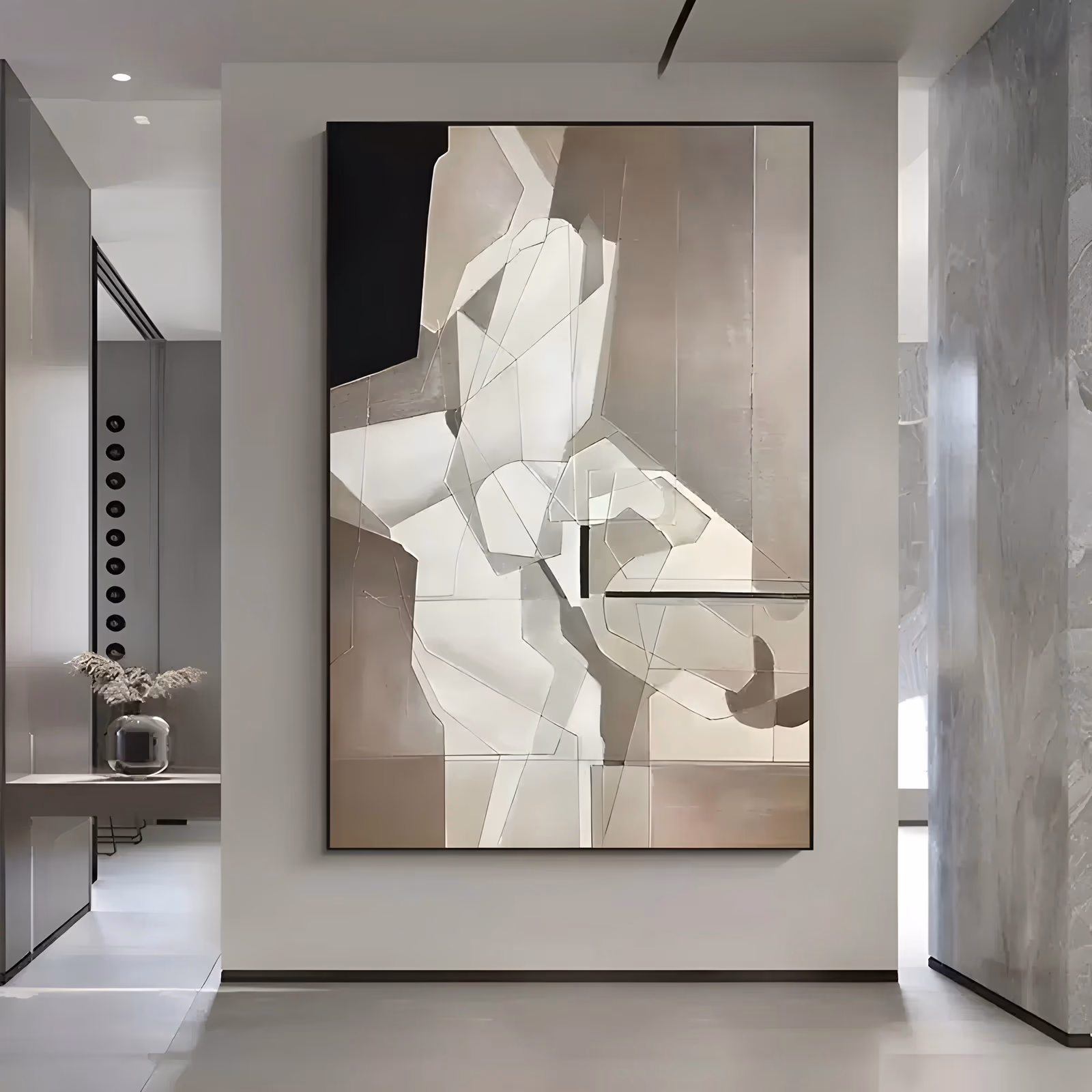 a large vertical abstract painting of faceted beige, taupe and white planes folding like cut stone, traced with fine seam lines, a solid black wedge in the top left corner, in matte hand-painted acrylic