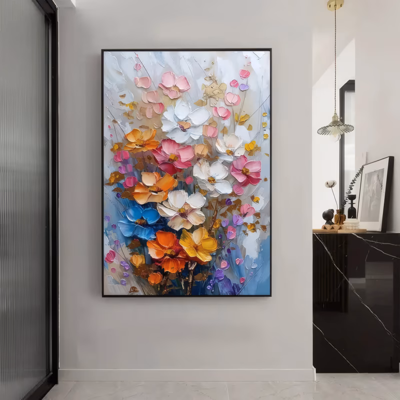 a large vertical impasto painting of a loose bouquet of orange, white, pink and blue flowers with gold accents, gathered in the center of a pale blue and white ground, in thick palette-knife oil