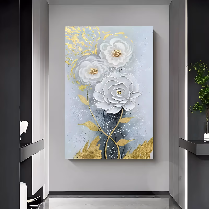a large vertical relief painting of three sculpted white roses stacked up the center with gold leaf foliage and gold flecks around them, on a pale grey blue speckled ground, in modeling paste and gold leaf