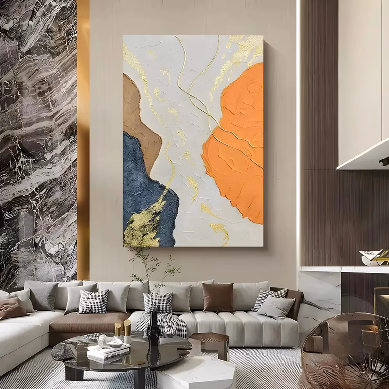 a large vertical textured painting of a thick white plaster field crossed by a burnt orange mass at the right, a tan and deep navy form at the left, and thin gold veins, in heavy palette-knife impasto