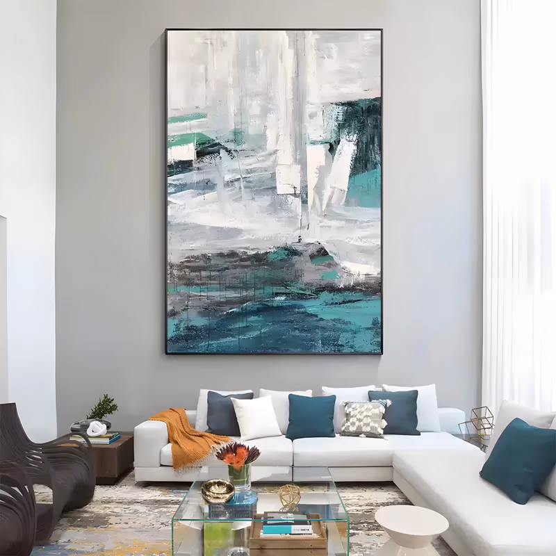 a large vertical abstract painting of white, pale gray and teal palette-knife blocks stacked like a cliff face, with a deep teal band along the bottom edge, in heavy layered impasto