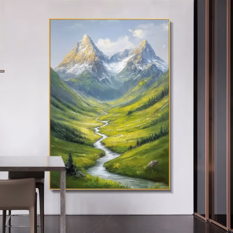 a large vertical impressionist oil painting of a silver river winding through a green alpine valley, with yellow wildflower slopes on both sides and snow-capped grey peaks under a blue sky, in soft thick paint