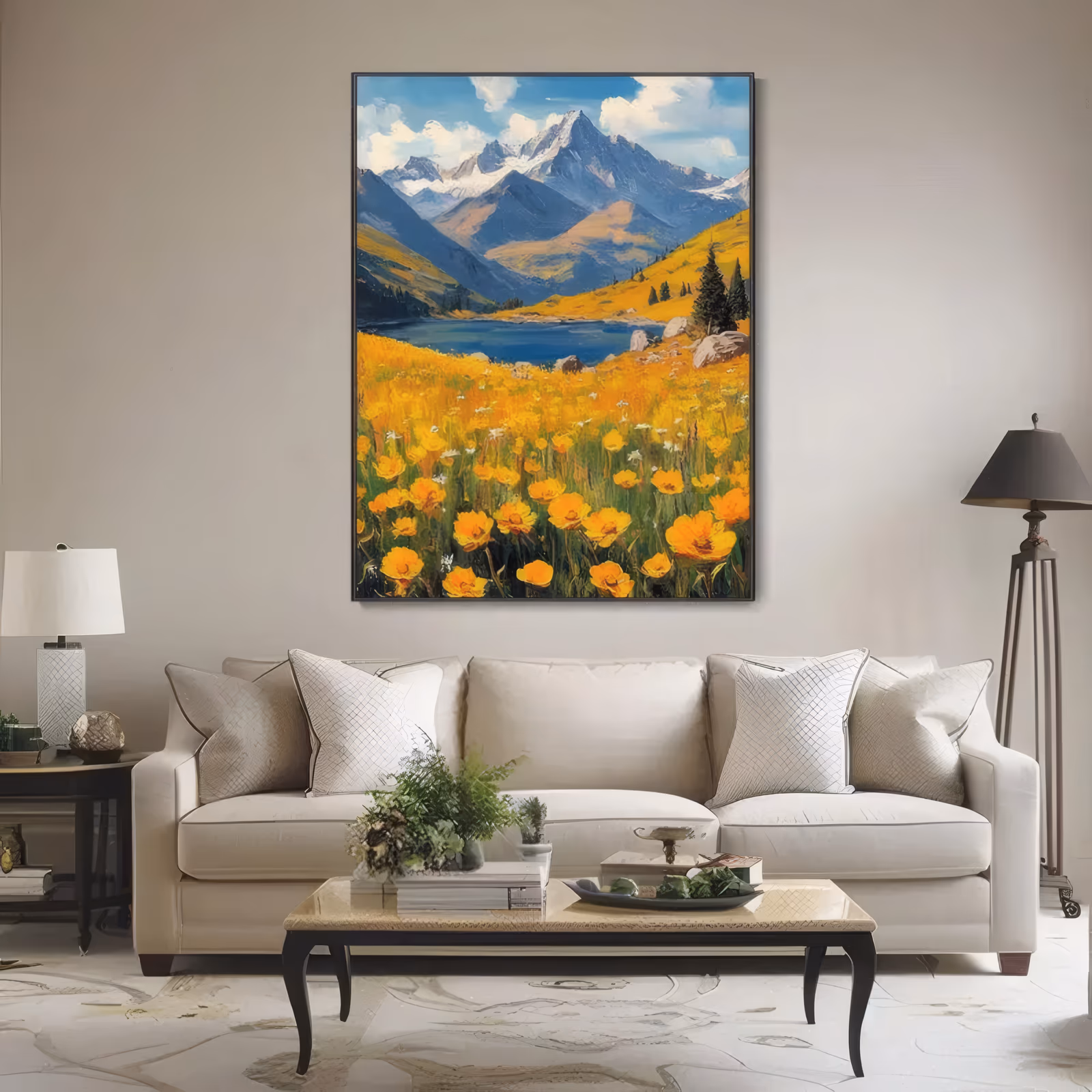 a large vertical impressionist landscape painting of golden yellow poppies filling the lower half, a blue alpine lake behind them and gray snow-capped peaks under a cloud-flecked sky, in hand-painted oil