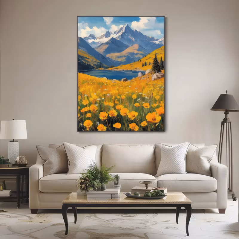 a large vertical impressionist landscape painting of golden yellow poppies filling the lower half, a blue alpine lake behind them and gray snow-capped peaks under a cloud-flecked sky, in hand-painted oil